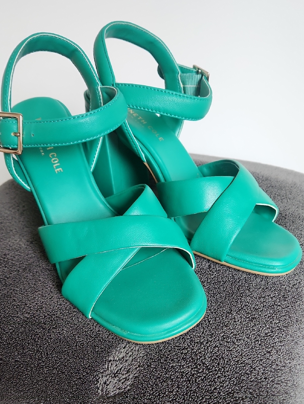 Kenneth Cole Leatger Teal Green Cross-Strap Block Heel Sandals